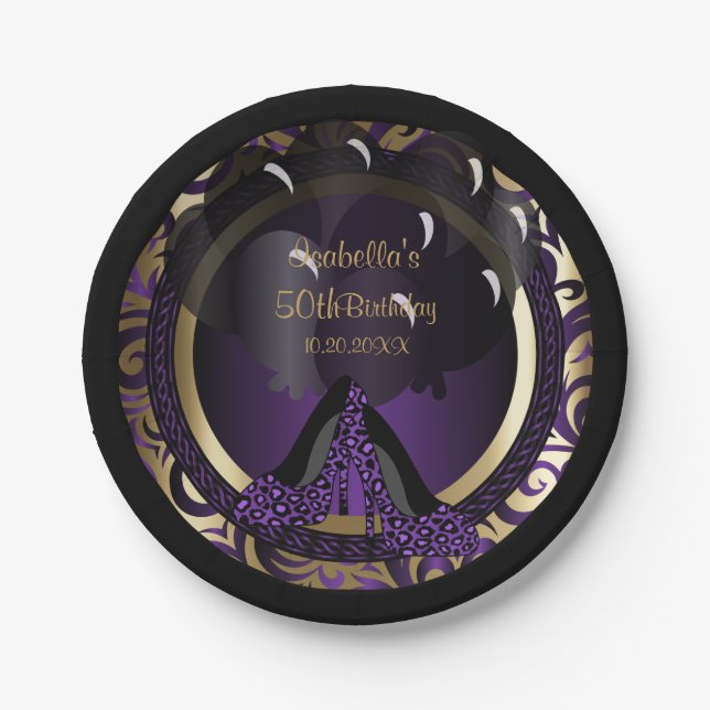 50th Birthday Party | Purple Leopard High Heels Paper Plate (Front)
