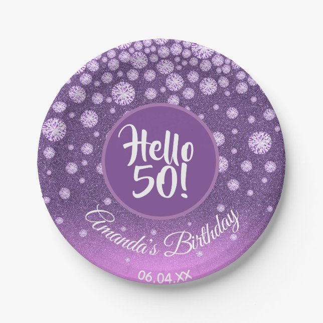 50th birthday party purple pink glitter diamonds paper plate (Front)
