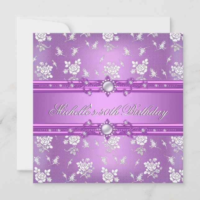 50th Birthday Party Purple Pink Pearl Jewel Floral Invitation (Front)