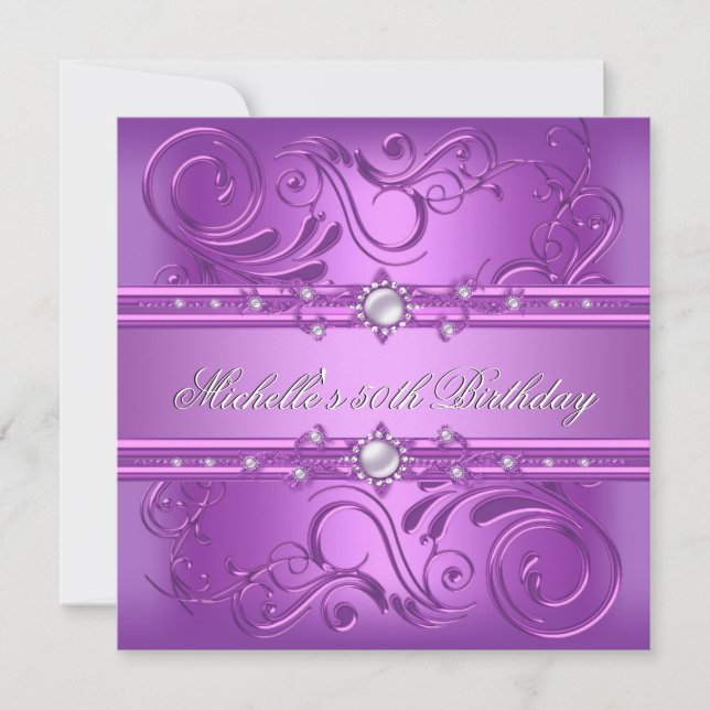 50th Birthday Party Purple Pink Pearl Jewel floral Invitation (Front)