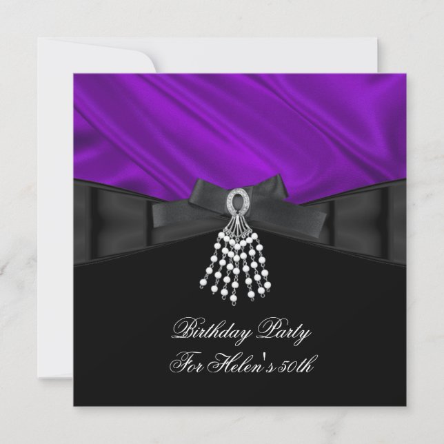 50th Birthday Party Purple Silk Jewel Black White Invitation (Front)