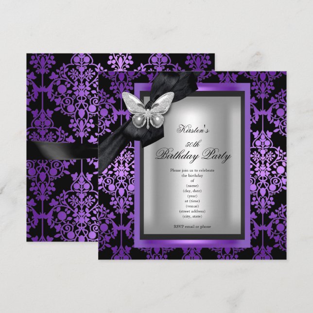 50th Birthday Party Purple Silver Damask Butterfly Invitation (Front/Back)