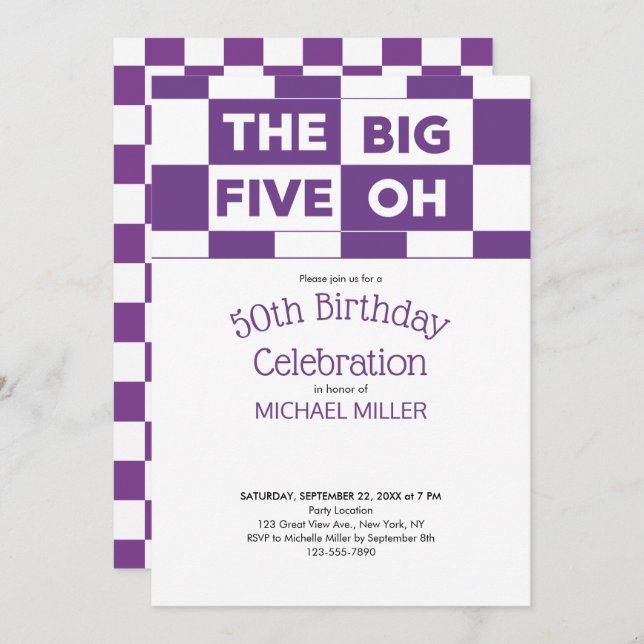 50th Birthday Party Purple White Chequered Pattern Invitation (Front/Back)