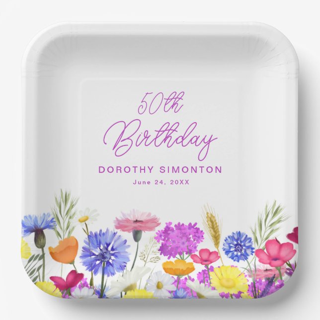 50th Birthday Party Purple Wildflower Custom Paper Plate (Front)