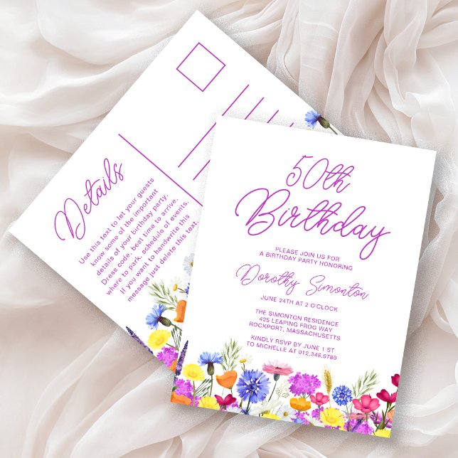 50th Birthday Party Purple Wildflowers Affordable Invitation Postcard (Creator Uploaded)