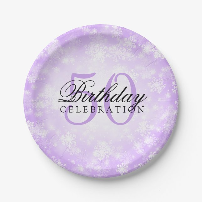 50th Birthday Party Purple Winter Wonderland Paper Plate (Front)