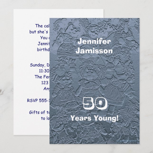 50th Birthday Party Rag Dolls Silver Blue Invitation (Front/Back)