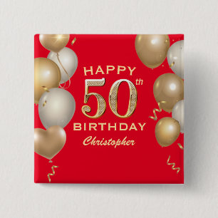 50th Birthday Party Red and Gold Balloons 15 Cm Square Badge