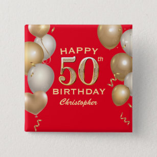50th Birthday Party Red and Gold Balloons 15 Cm Square Badge