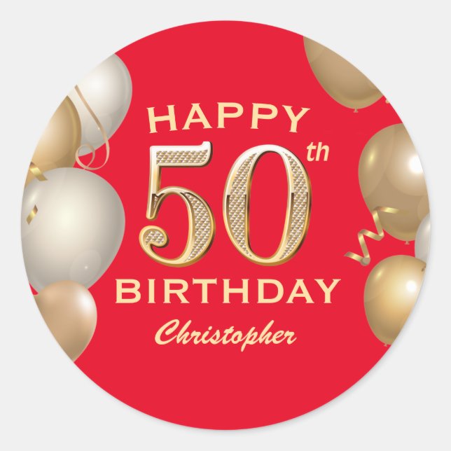 50th Birthday Party Red and Gold Balloons Classic Round Sticker (Front)
