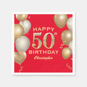 50th Birthday Party Red and Gold Balloons Napkin