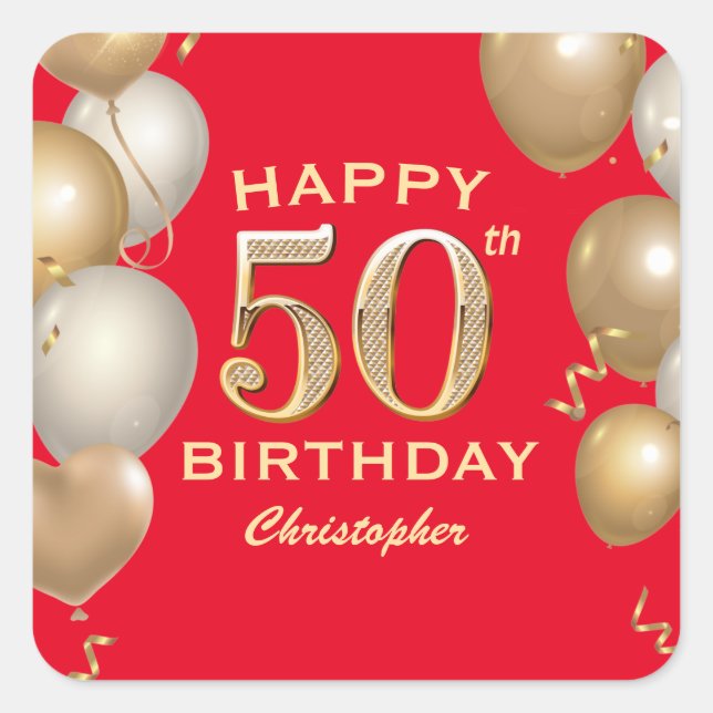 50th Birthday Party Red and Gold Balloons Square Sticker (Front)
