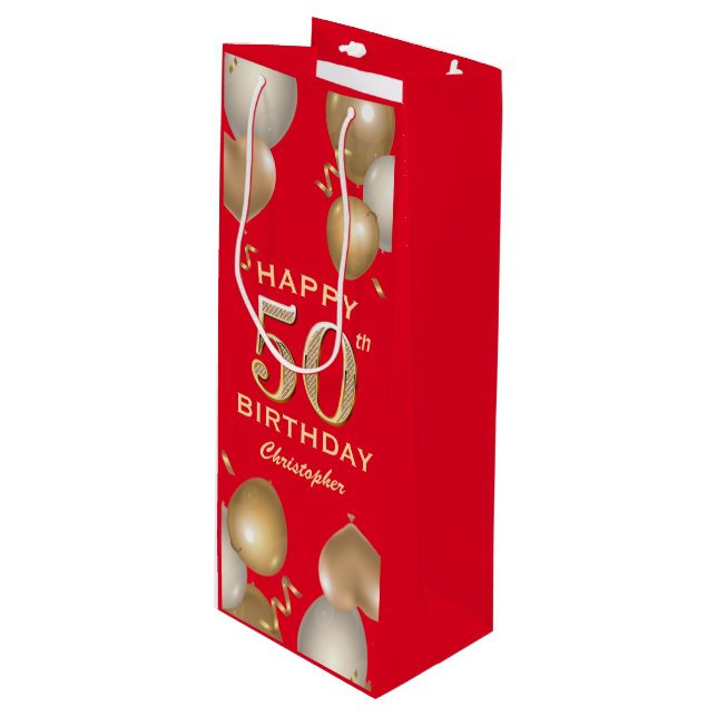 50th Birthday Party Red and Gold Balloons Wine Gift Bag (Front Angled)