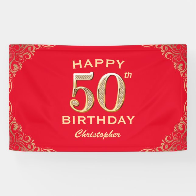 50th Birthday Party Red and Gold Glitter Frame Banner (Horizontal)