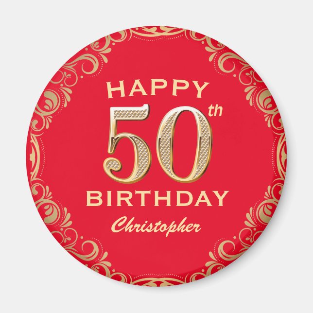 50th Birthday Party Red and Gold Glitter Frame Magnet (Front)