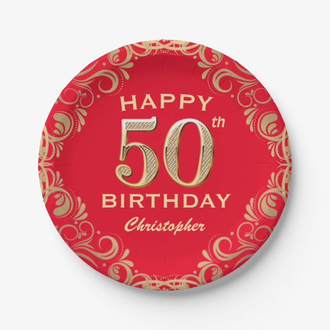 50th Birthday Party Red and Gold Glitter Frame Paper Plate (Front)
