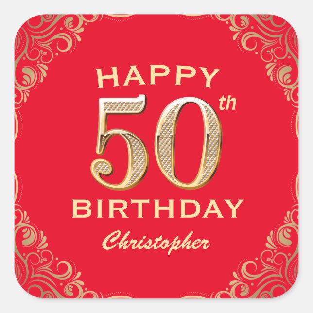 50th Birthday Party Red and Gold Glitter Frame Square Sticker (Front)