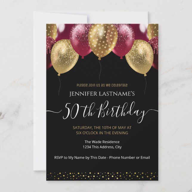 50th Birthday Party Red and Gold Invitation (Front)