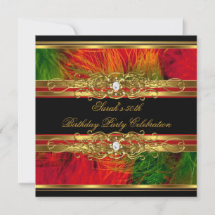 50th Birthday Party Red Black Gold Feathers Invitation