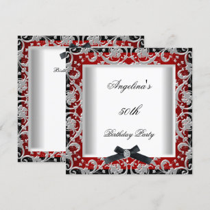 50th Birthday Party Red Black White Jewel Bow Invitation
