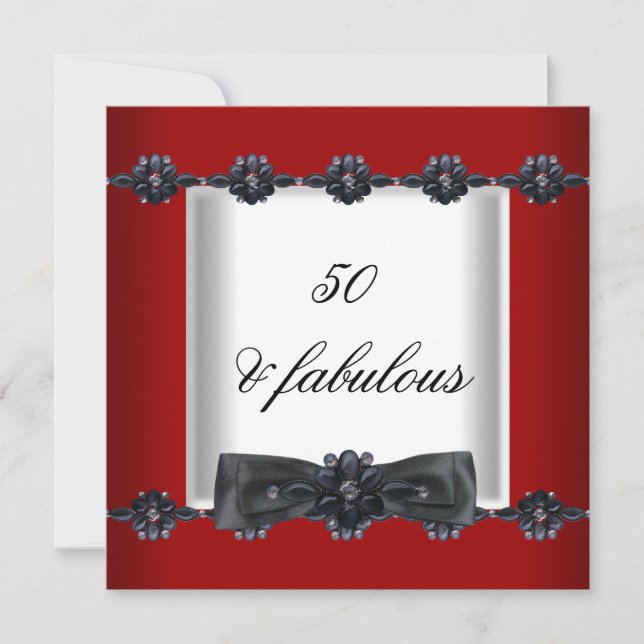 50th Birthday Party Red Black White Jewels Bow Invitation (Front)