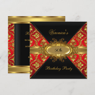 50th Birthday Party Red Gold Black Damask invite