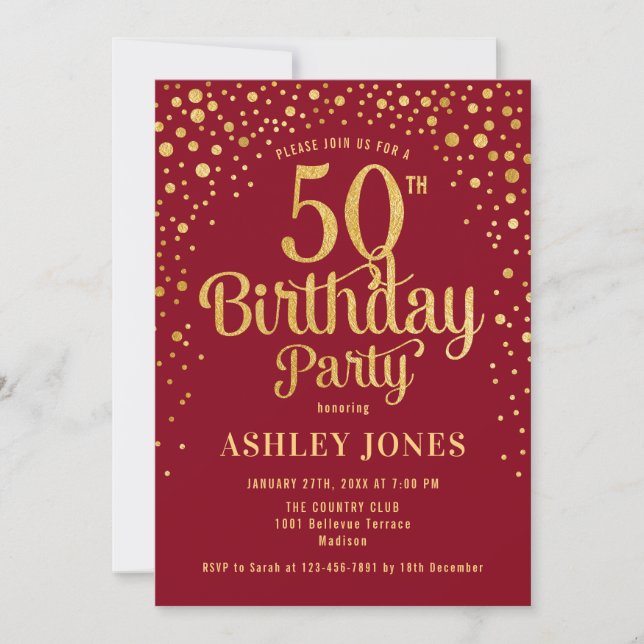 50th Birthday Party - Red & Gold Invitation (Front)