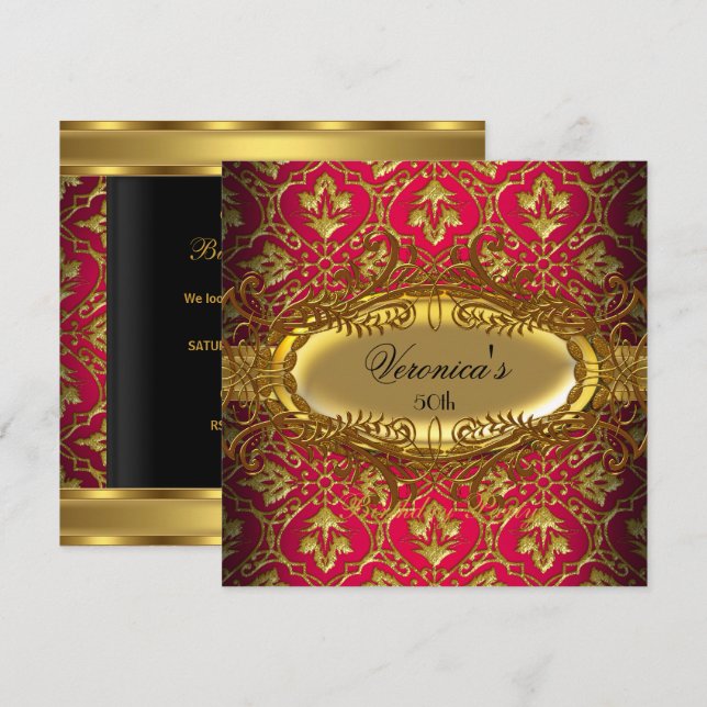 50th Birthday Party RED Pink Gold Black Damask Invitation (Front/Back)