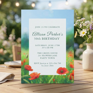 50th Birthday Party Red Poppy Floral Invitation