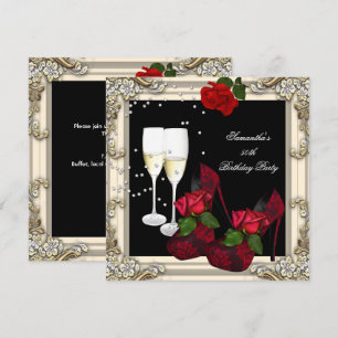 50th Birthday Party Red Rose Gold Champagne Invitation