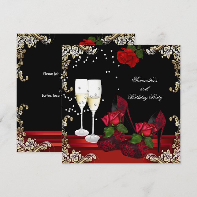 50th Birthday Party Red Rose Gold Champagne Invitation (Front/Back)
