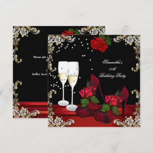 50th Birthday Party Red Rose Gold Champagne Invitation