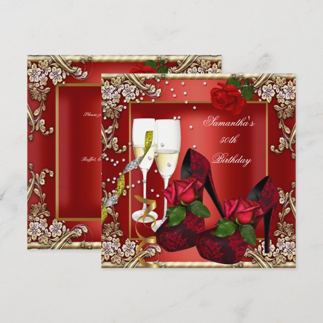 50th Birthday Party Red Rose Gold Floral Invitation (Front/Back)
