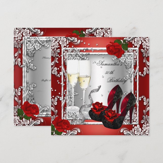 50th Birthday Party Red Rose Silver Invitation (Front/Back)