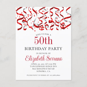 50th Birthday Party Red Streamers Confetti Invitation Postcard