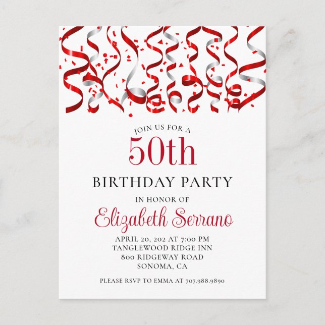 50th Birthday Party Red Streamers Confetti Invitation Postcard (Front)