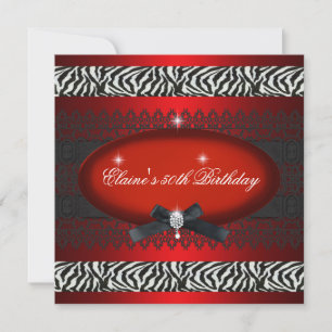 50th Birthday Party Red White Black Zebra Invitation