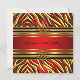 50th Birthday Party Red Zebra Gold Black Invitation