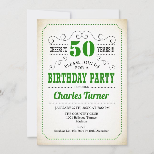 50th Birthday Party - Retro Creamy White and Green Invitation (Front)