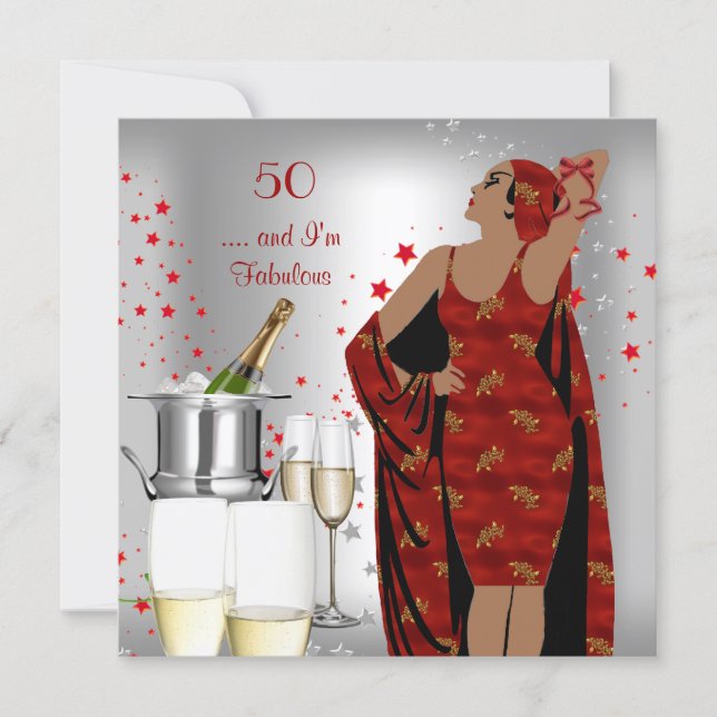 50th Birthday Party Retro Diva Art Deco Red Silver Invitation (Front)