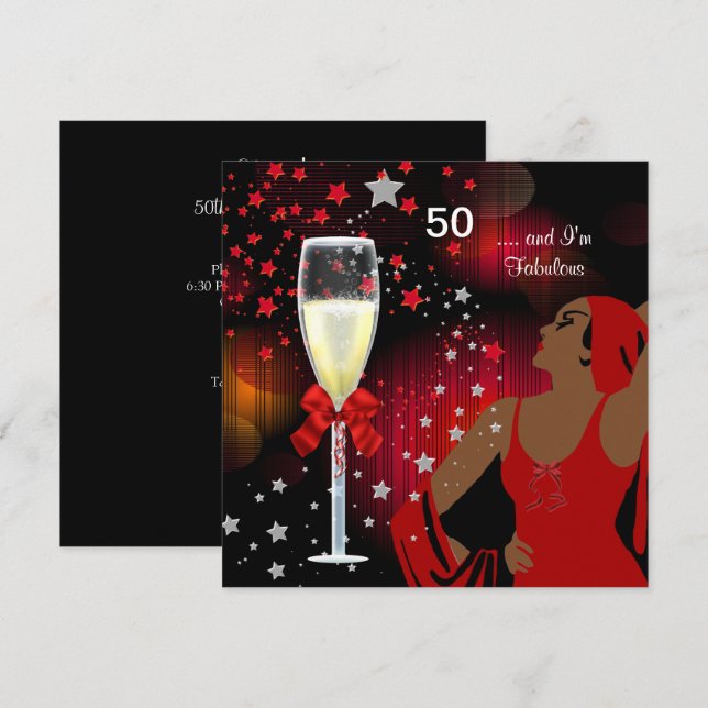 50th Birthday Party Retro Diva Fabulous Red White Invitation (Front/Back)