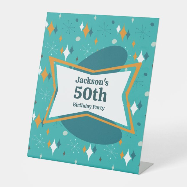 50th Birthday Party Retro Mid Century Any Age Pedestal Sign (Front)