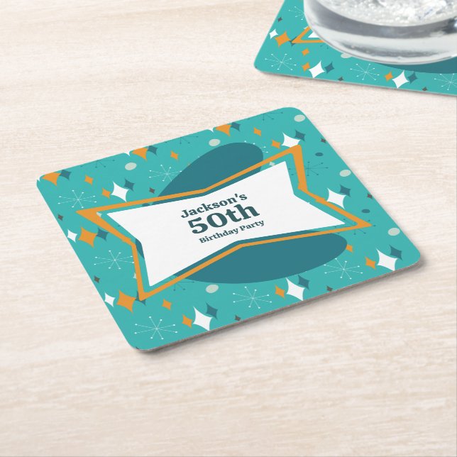 50th Birthday Party Retro Mid Century Any Age Square Paper Coaster (Angled)