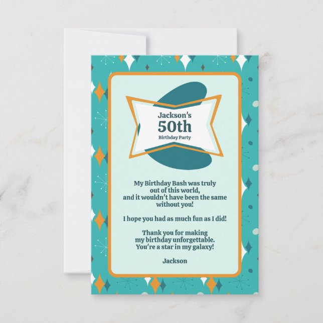 50th Birthday Party Retro Mid Century Any Age Thank You Card (Front)
