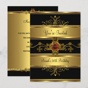 50th Birthday Party Rich Gold Black Red Jewel Invitation