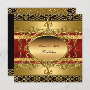 50th Birthday Party Rich Red Gold Flourish Invitation