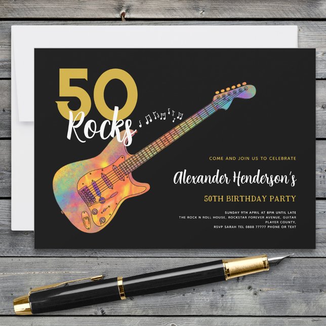 50th Birthday Party Rock and Roll Invitation (50 Rocks cool guitar 50th birthday party black and gold invitation )