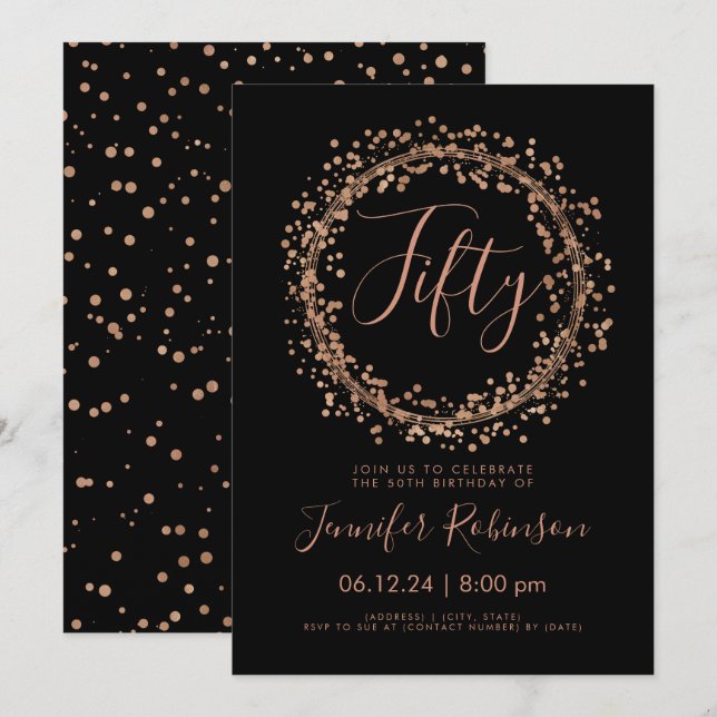50th Birthday Party Rose Gold Black Confetti Invitation (Front/Back)