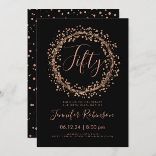 50th Birthday Party Rose Gold Black Confetti Invitation