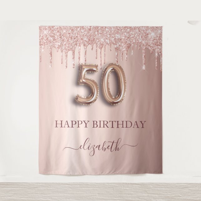 50th birthday party rose gold blush glitter drips tapestry (Front)